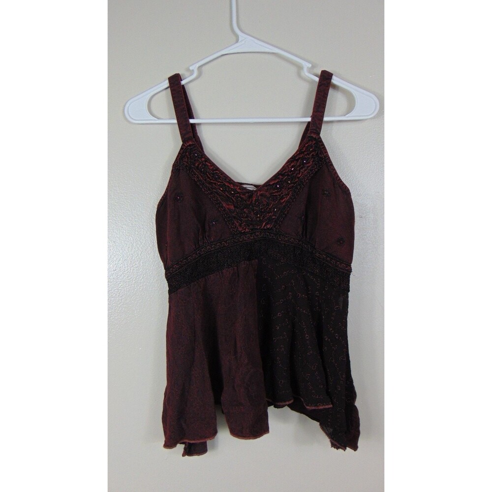 L.S.I Burgundy Babydoll Tank S/M Boho Festival Fairy Grunge Y2K Embroidered - Picture 2 of 7